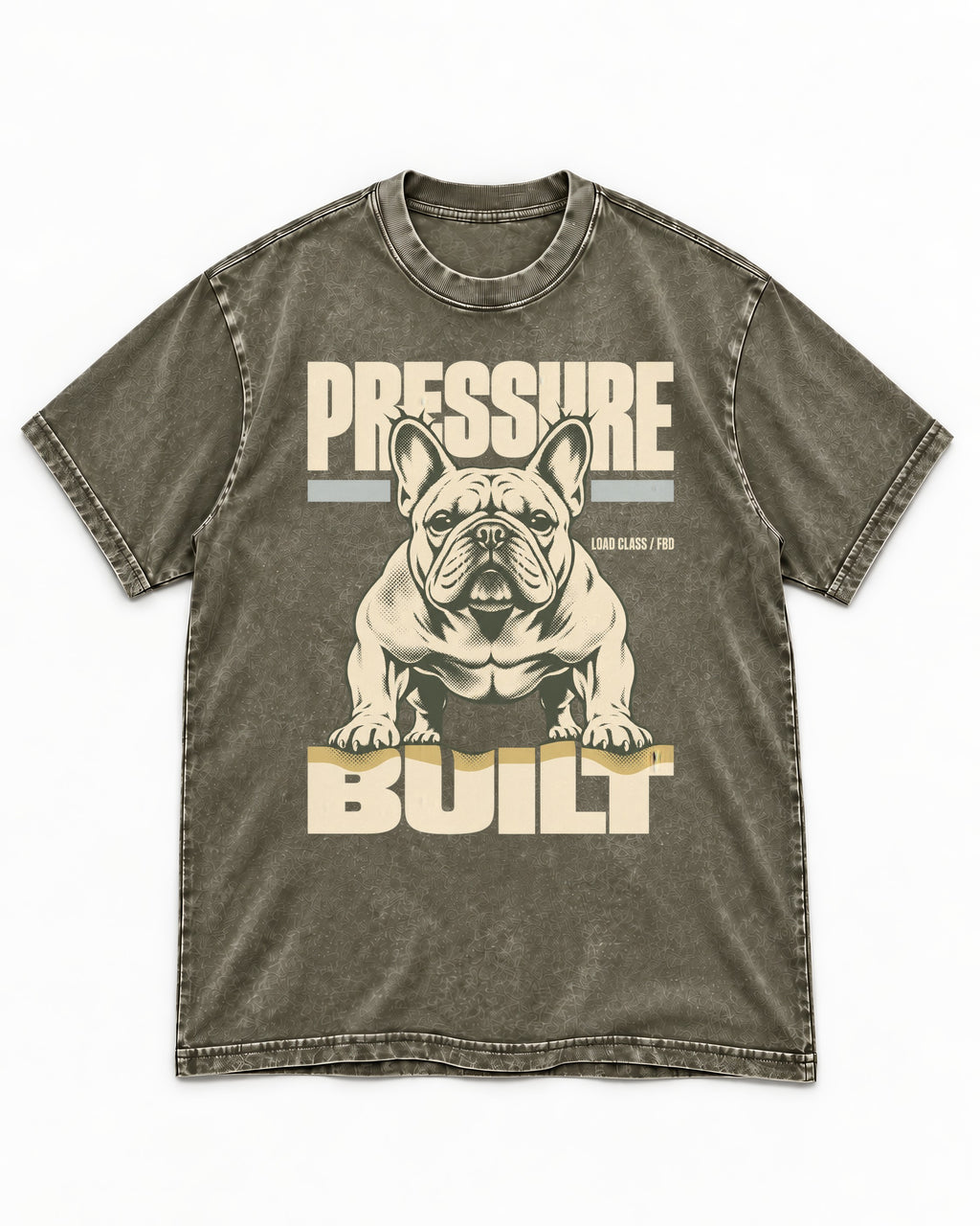 Frenchie Pressure Built Load Class Graphic Washed Tee in Army Green, flat lay product photo