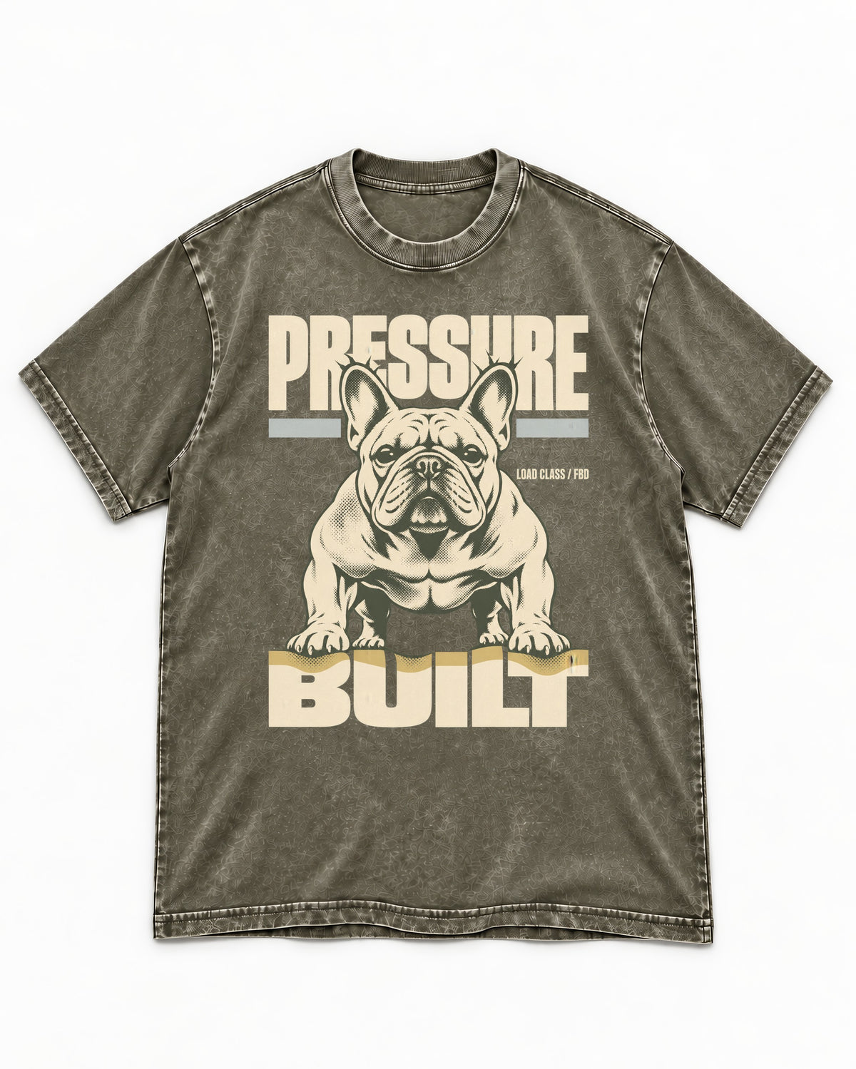 Frenchie Pressure Built Load Class Graphic Washed Tee in Army Green, flat lay product photo