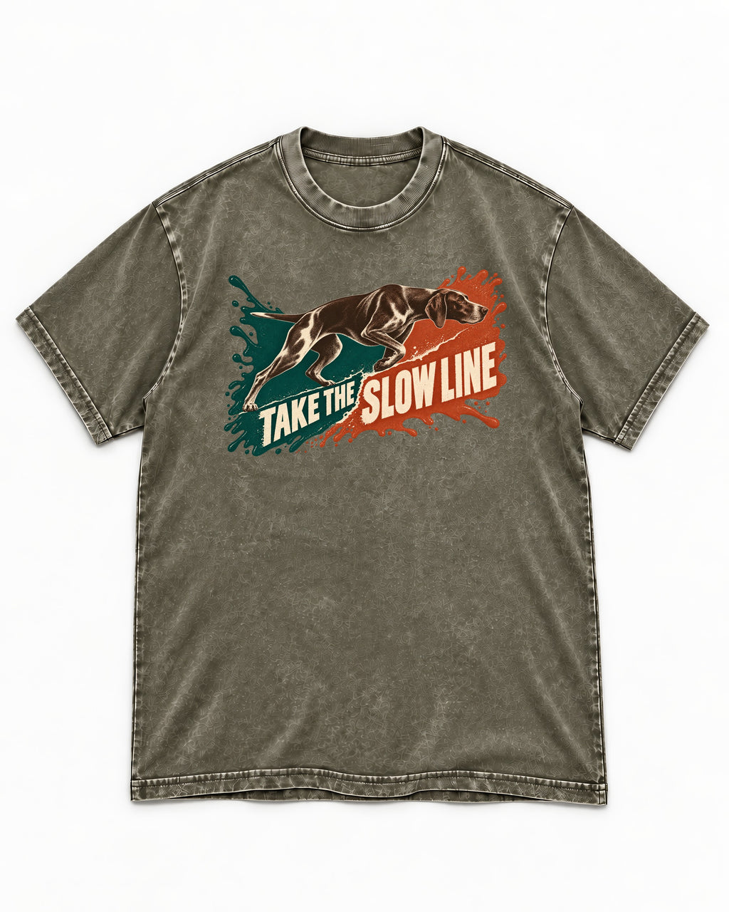 German Shorthaired Pointer Take The Slow Line Paint Splash Graphic Washed Tee in Army Green, flat lay product photo