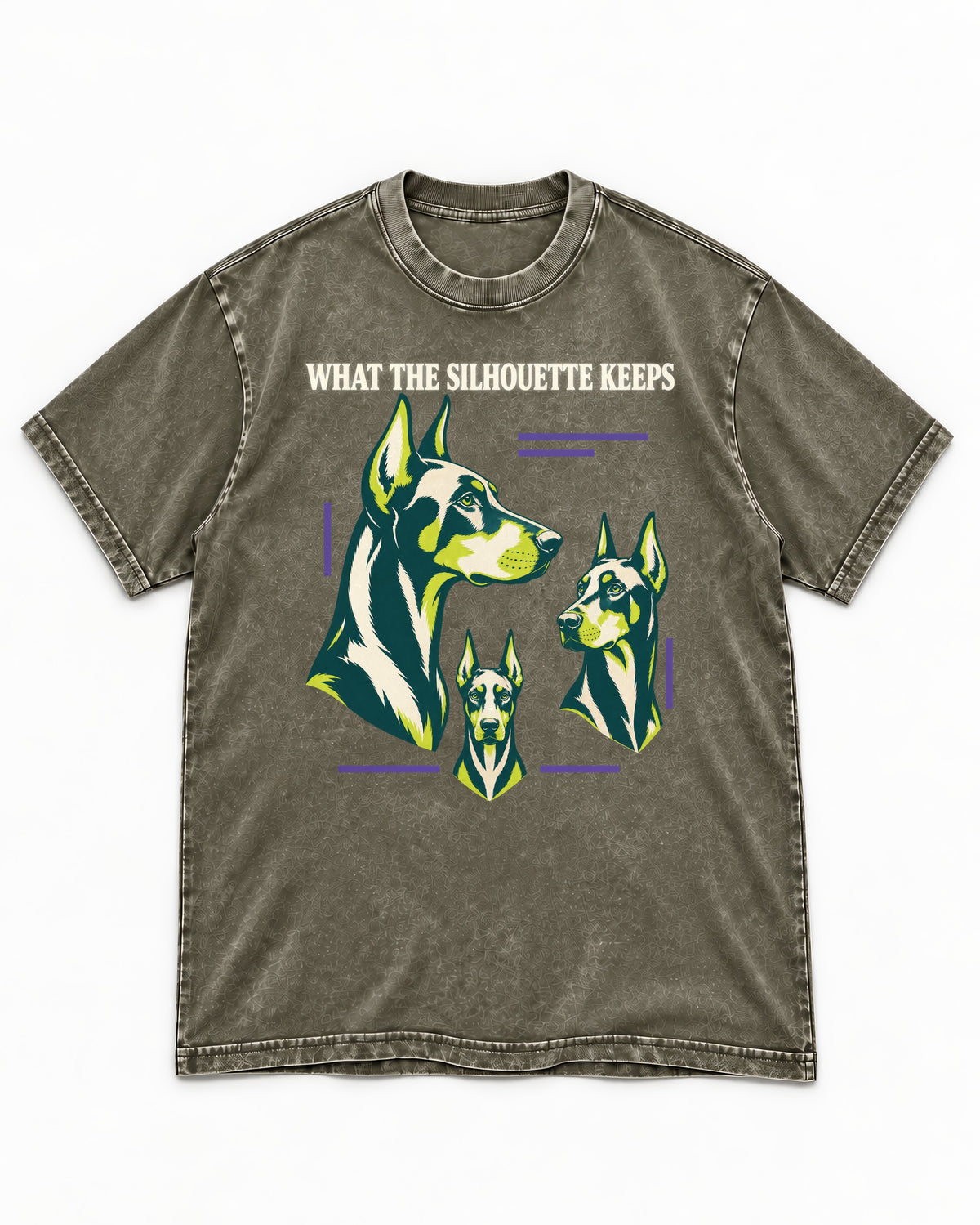 Doberman What the Silhouette Keeps Three Portrait Graphic Washed Tee in Army Green, flat lay product photo