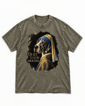 Great Dane Quiet Luxury Loud Eyes Pearl Portrait Graphic Washed Tee in Army Green, flat lay product photo