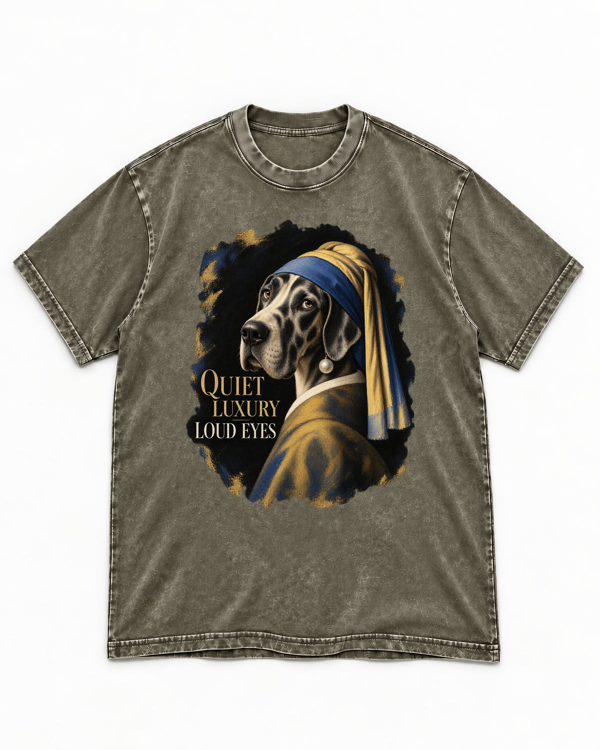 Great Dane Quiet Luxury Loud Eyes Pearl Portrait Graphic Washed Tee in Army Green, flat lay product photo