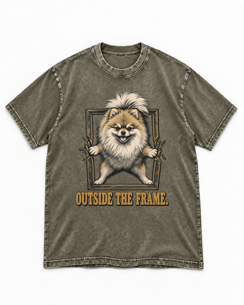 Pomeranian Outside the Frame Breakthrough Graphic Washed Tee in Army Green, flat lay product photo