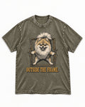 Pomeranian Outside the Frame Breakthrough Graphic Washed Tee in Army Green, flat lay product photo