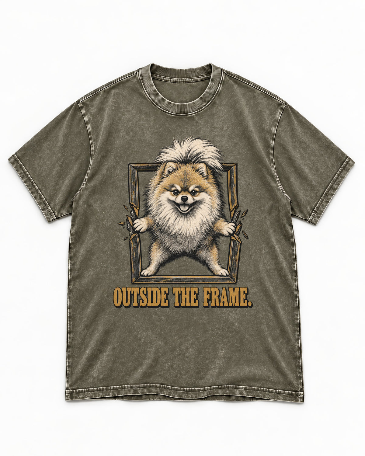 Pomeranian Outside the Frame Breakthrough Graphic Washed Tee in Army Green, flat lay product photo