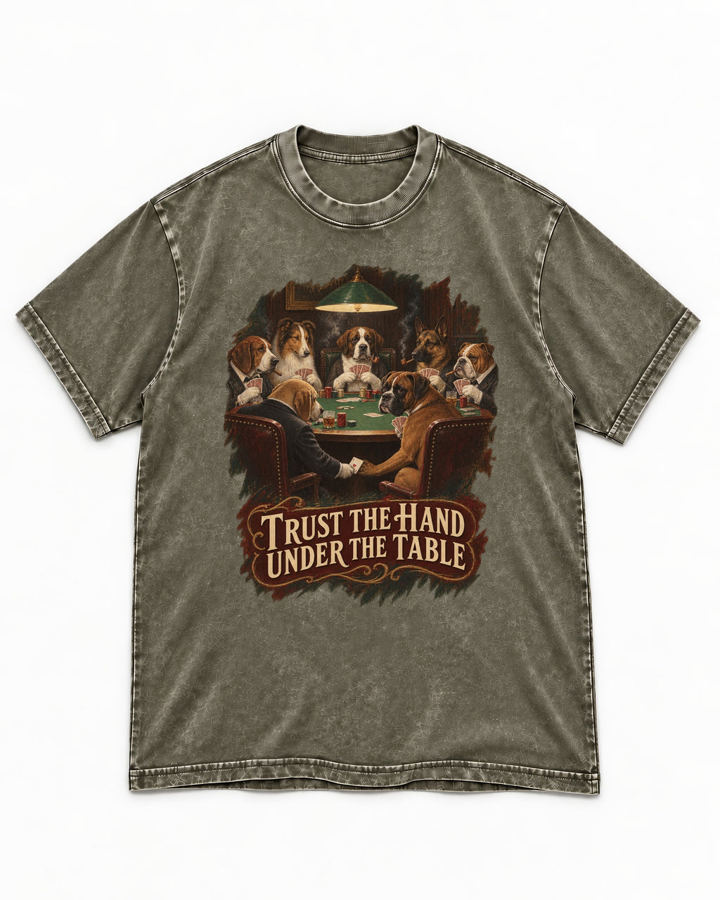 Trust the Hand Under the Table Boxer Poker Graphic Washed Tee in Army Green, flat lay product photo