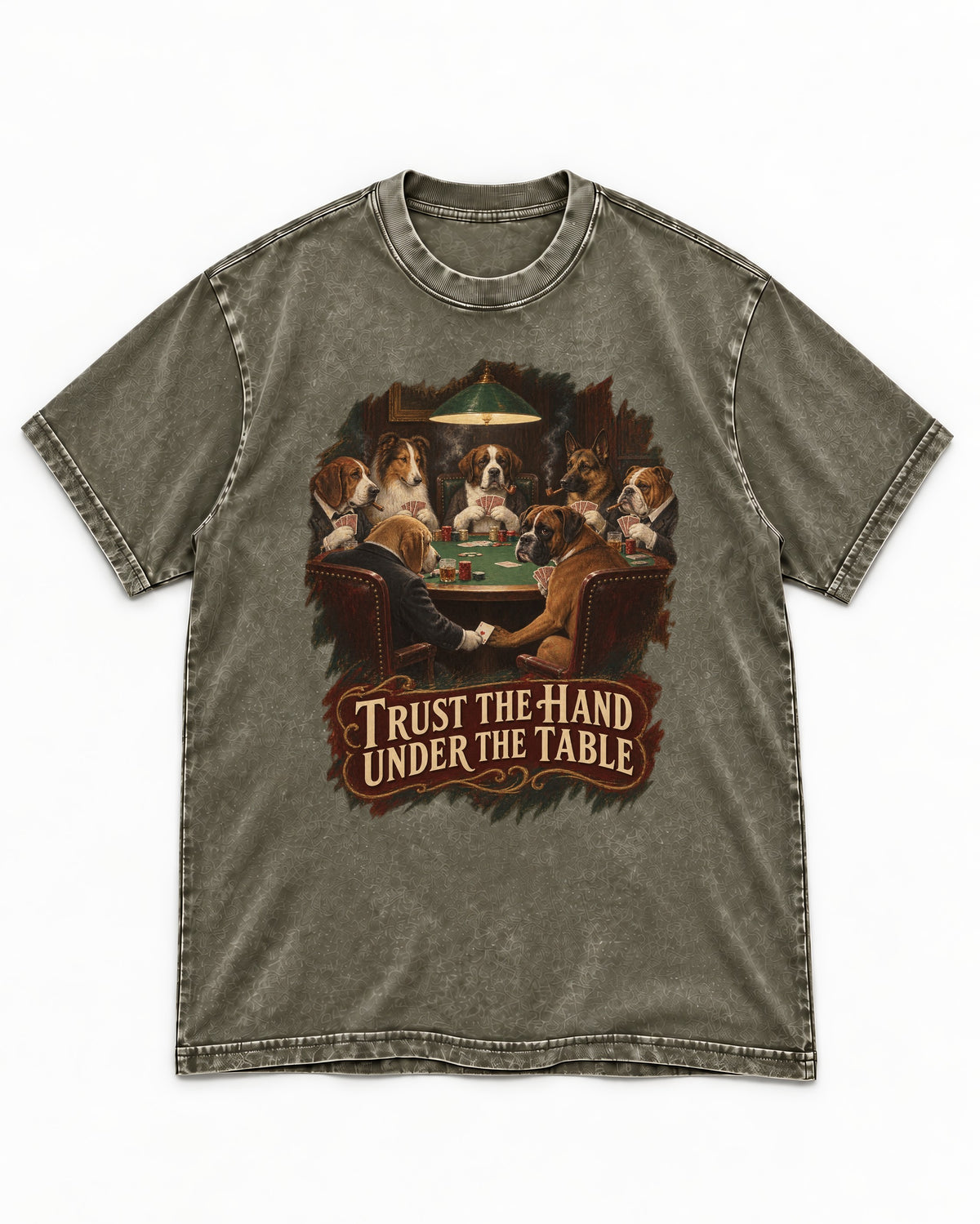 Trust the Hand Under the Table Boxer Poker Graphic Washed Tee in Army Green, flat lay product photo