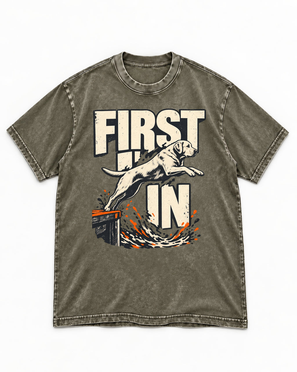 First In Dock Jump Labrador Retriever Graphic Washed Tee in Army Green, flat lay product photo