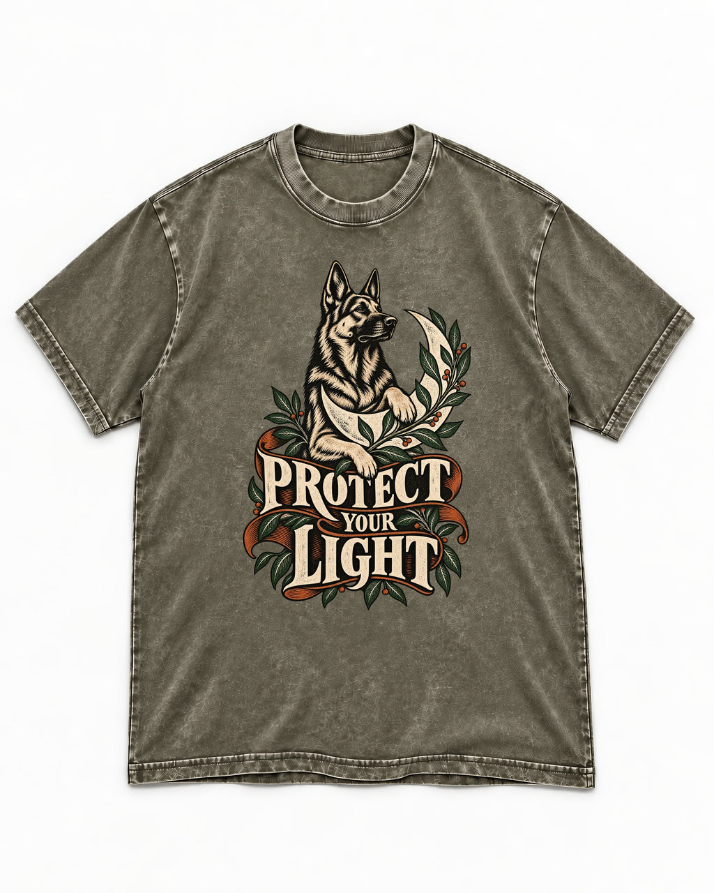 Protect Your Light Moon Botanical German Shepherd Dog Graphic Washed Tee in Army Green, flat lay product photo