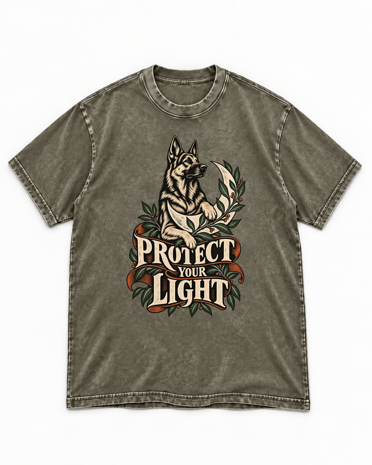 Protect Your Light Moon Botanical German Shepherd Dog Graphic Washed Tee in Army Green, flat lay product photo