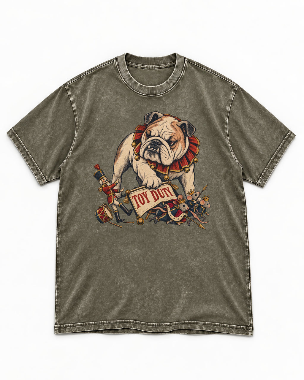English Bulldog Toy Duty Nutcracker Mice Washed Tee in Army Green, flat lay product photo