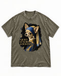 Chihuahua Quiet Luxury Loud Eyes Pearl Earring Portrait Washed Tee in Army Green, flat lay product photo