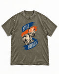 Frenchie Style Goes Sideways Graphic Washed Tee in Army Green, flat lay product photo