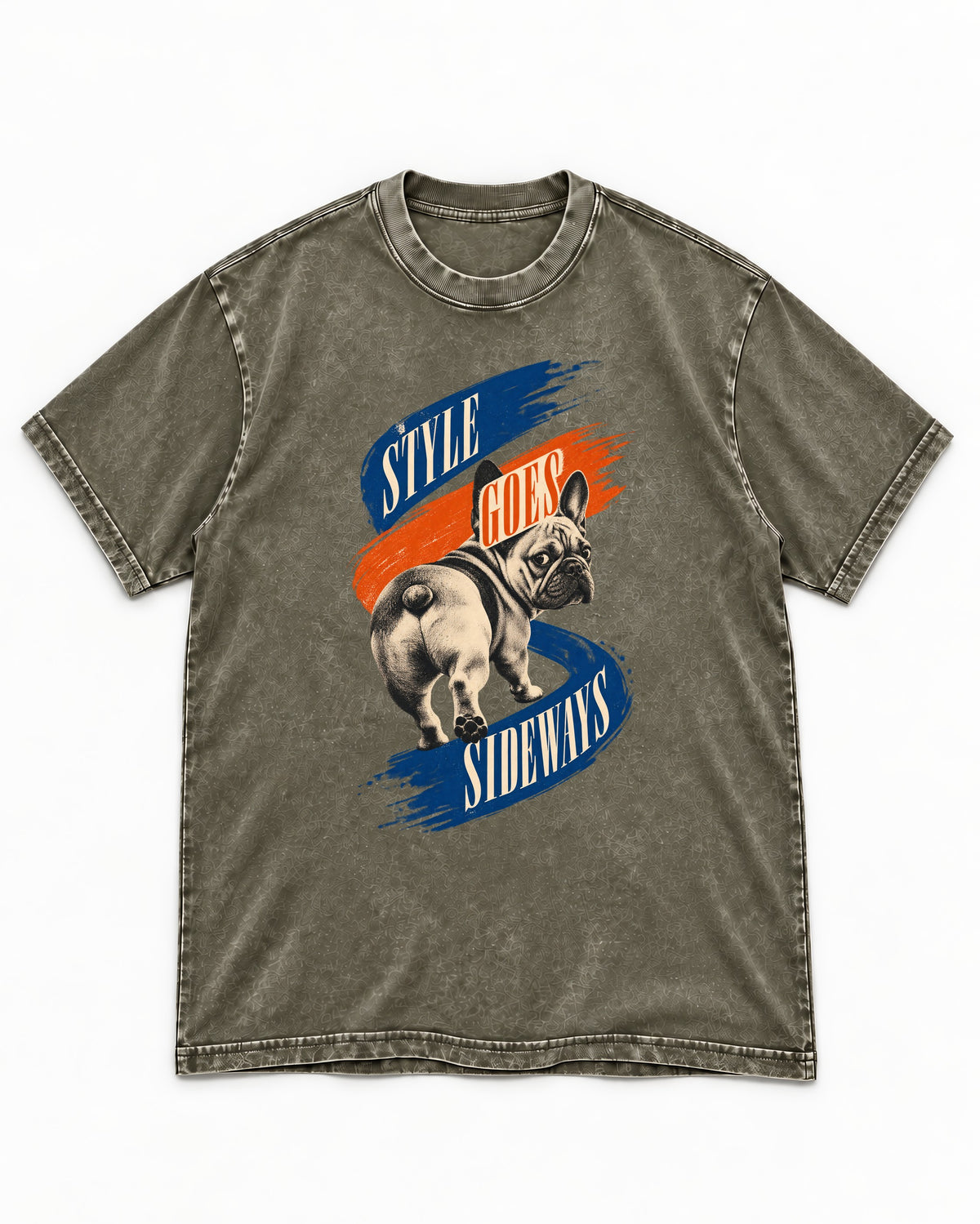 Frenchie Style Goes Sideways Graphic Washed Tee in Army Green, flat lay product photo