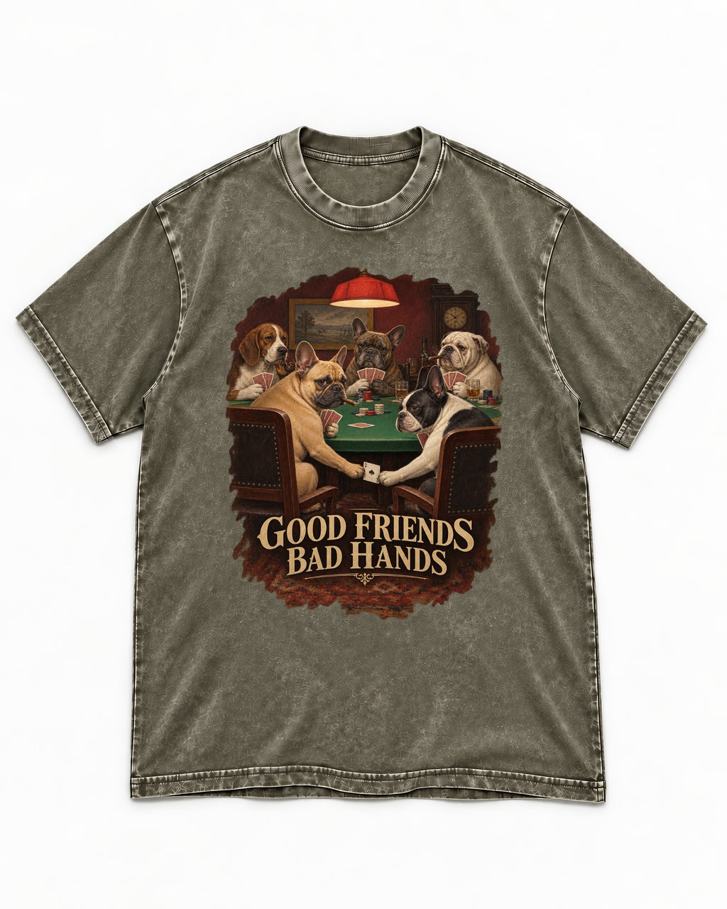 Frenchie Good Friends Bad Hands Poker Graphic Washed Tee in Army Green, flat lay product photo