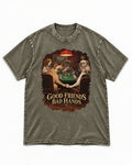 Frenchie Good Friends Bad Hands Poker Graphic Washed Tee in Army Green, flat lay product photo