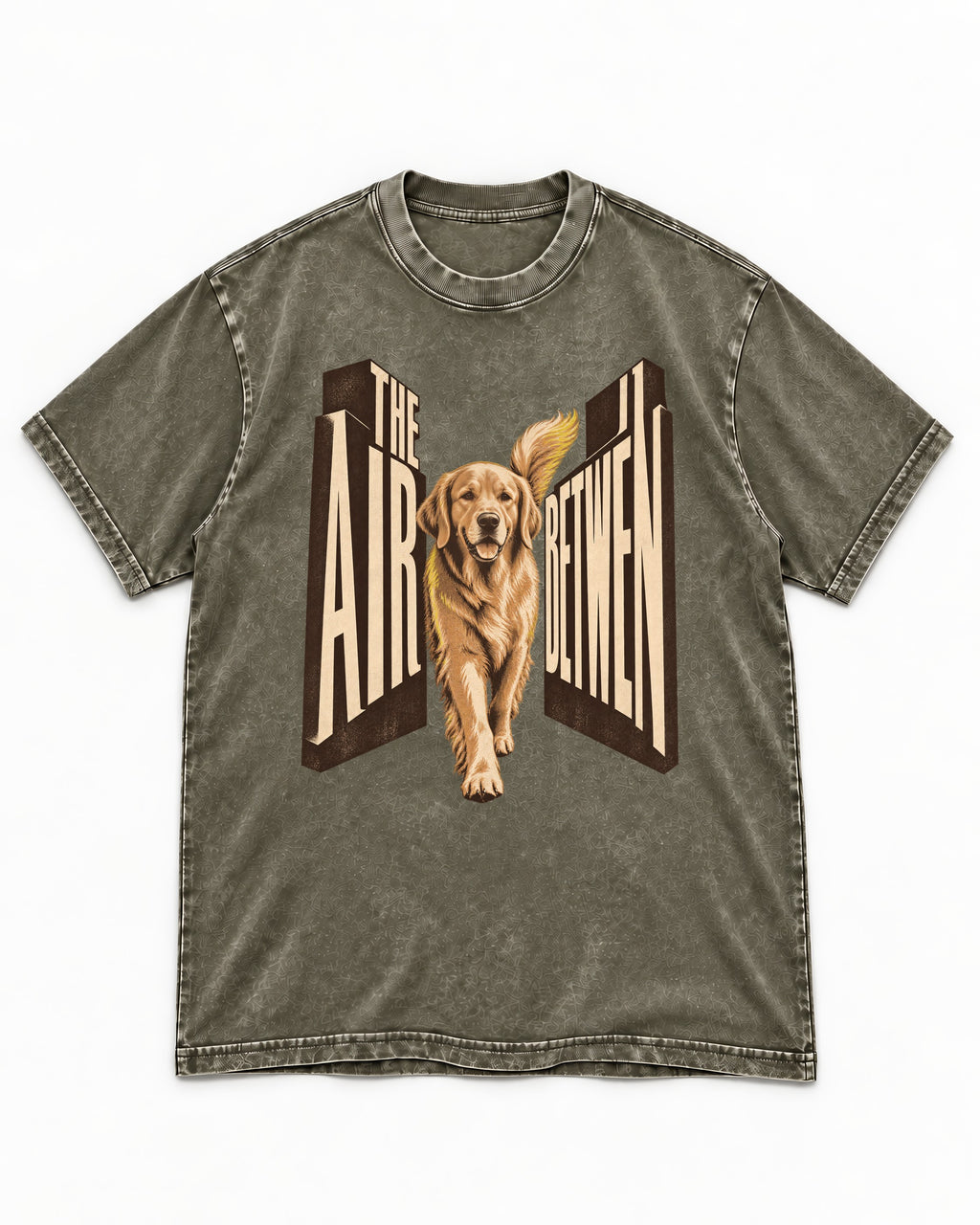 The Air Between Dimensional Golden Retriever Graphic Washed Tee in Army Green, flat lay product photo
