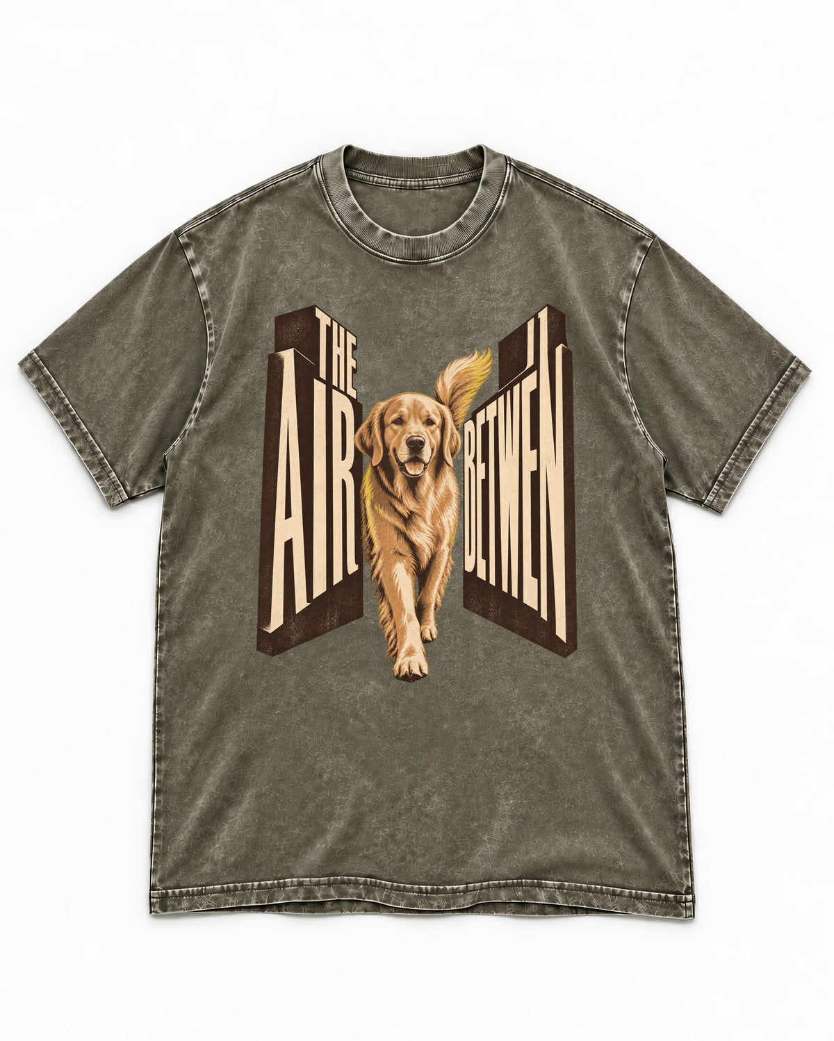 The Air Between Dimensional Golden Retriever Graphic Washed Tee in Army Green, flat lay product photo