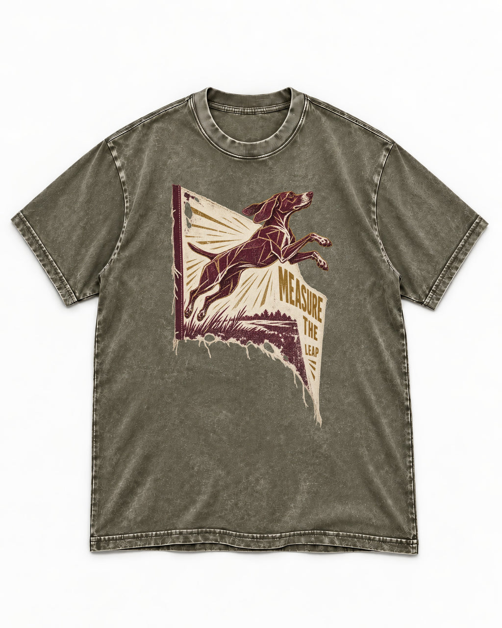 German Shorthaired Pointer Measure the Leap Torn Banner Graphic Washed Tee in Army Green, flat lay product photo