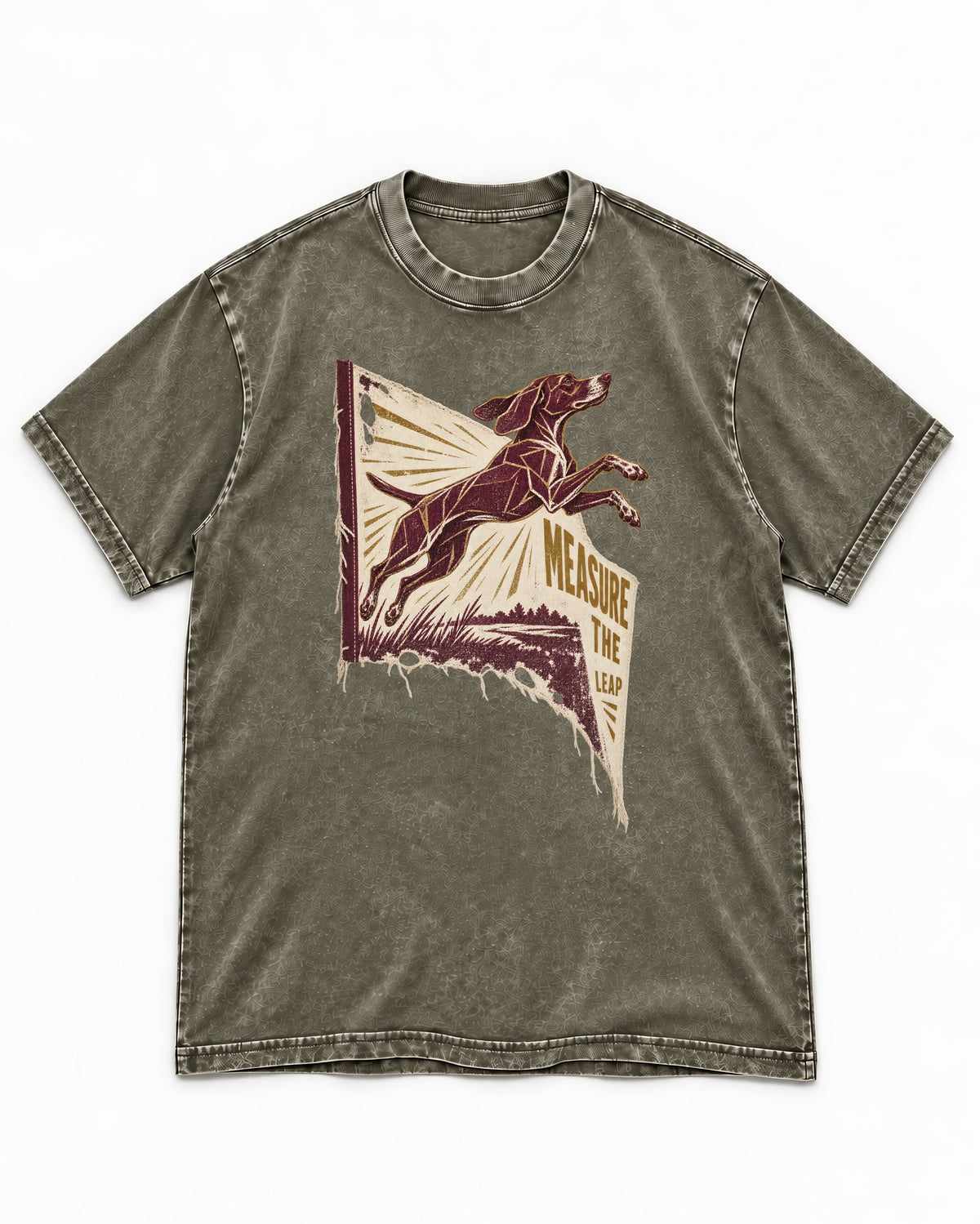German Shorthaired Pointer Measure the Leap Torn Banner Graphic Washed Tee in Army Green, flat lay product photo