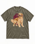 Golden Retriever Second Look First Tag Portrait Graphic Washed Tee in Army Green, flat lay product photo