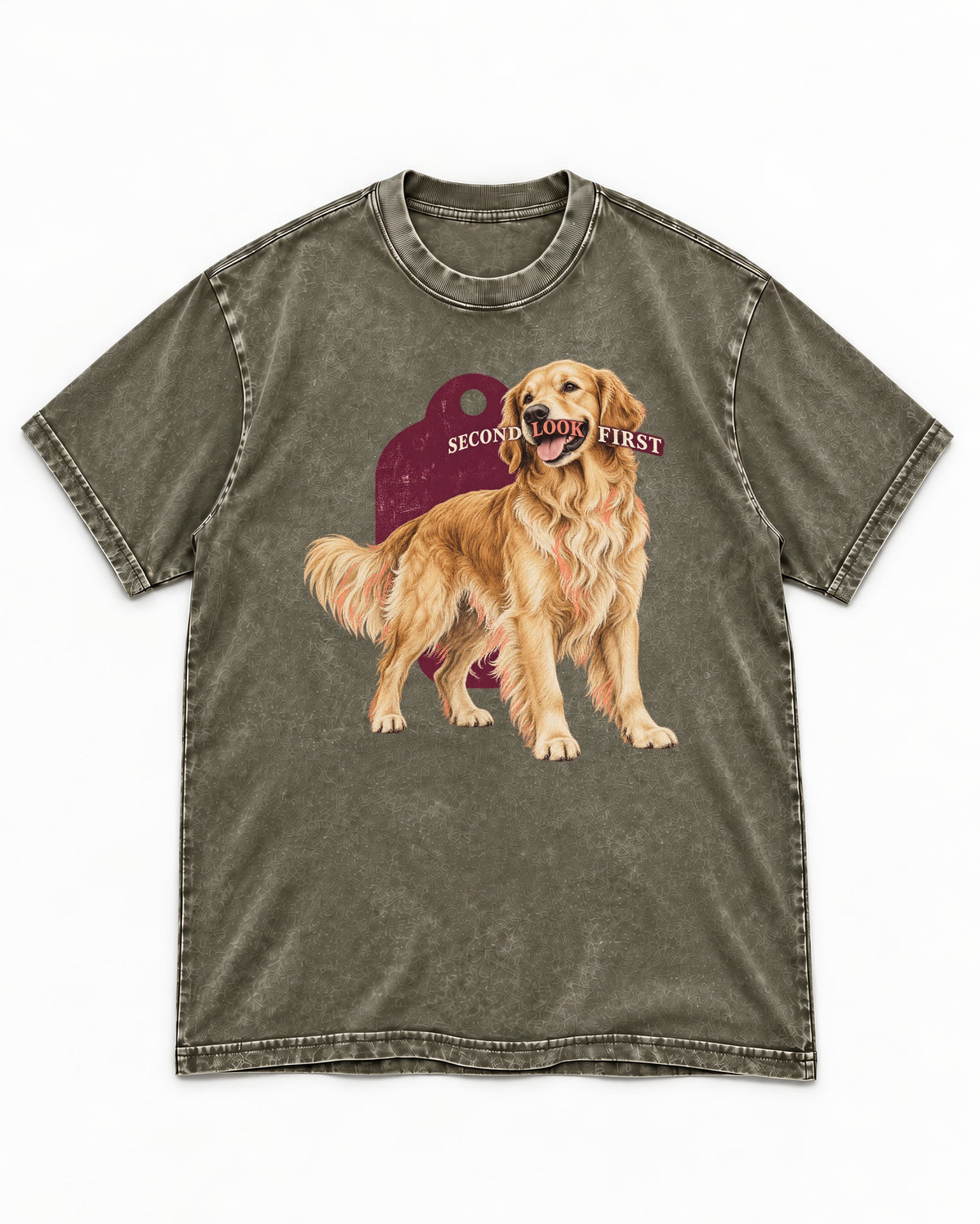 Golden Retriever Second Look First Tag Portrait Graphic Washed Tee in Army Green, flat lay product photo