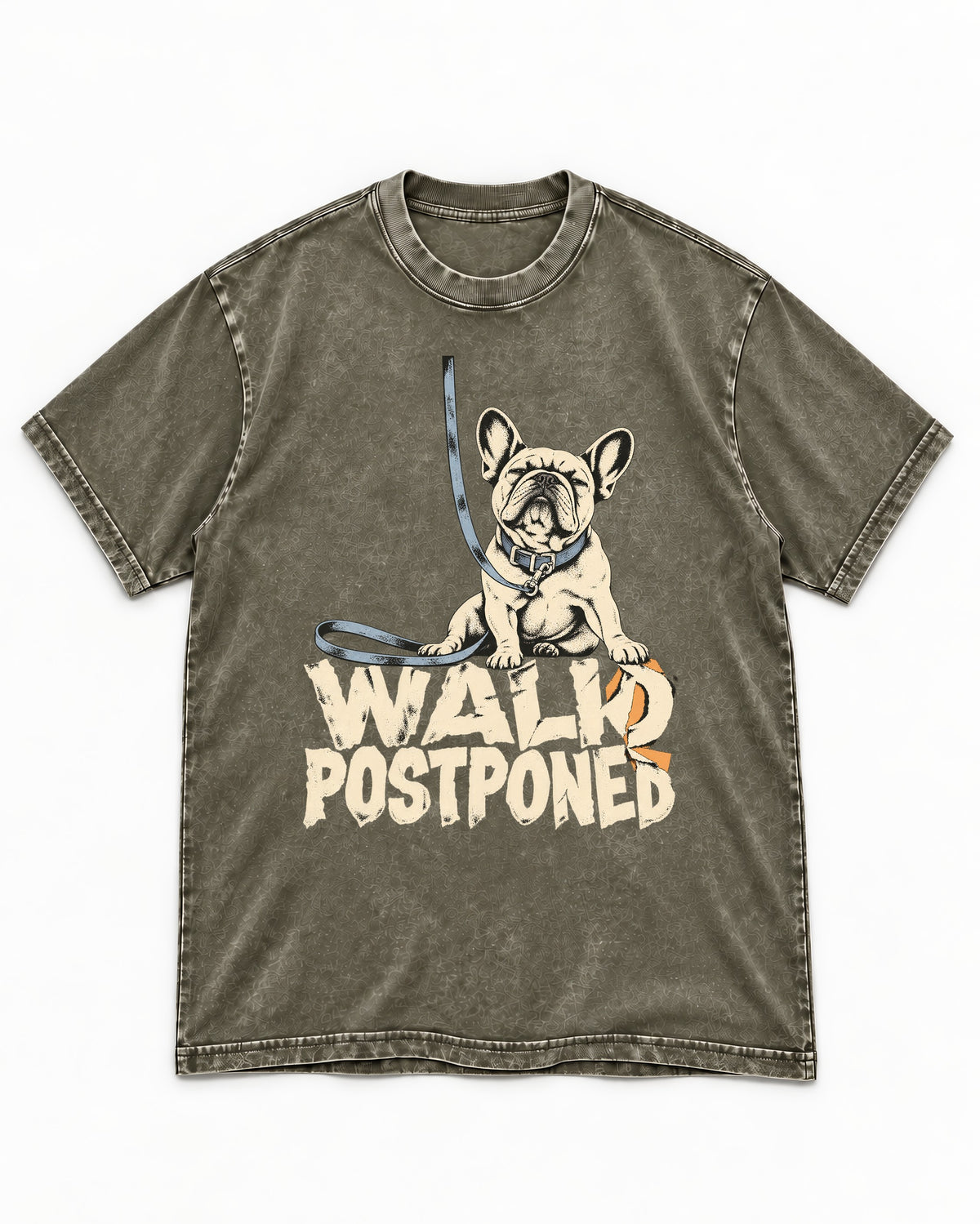 Frenchie Walk Postponed Leash Graphic Washed Tee in Army Green, flat lay product photo