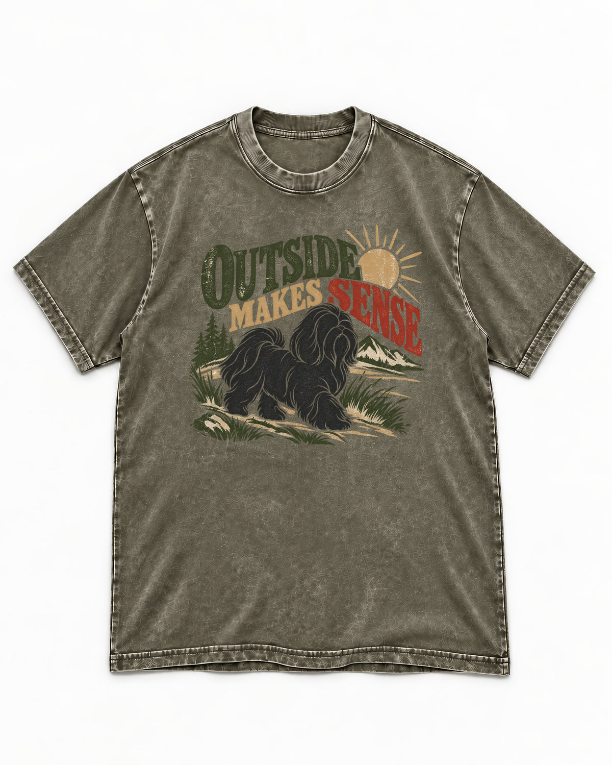 Shih Tzu Outside Makes Sense Mountain Trail Graphic Washed Tee in Army Green, flat lay product photo