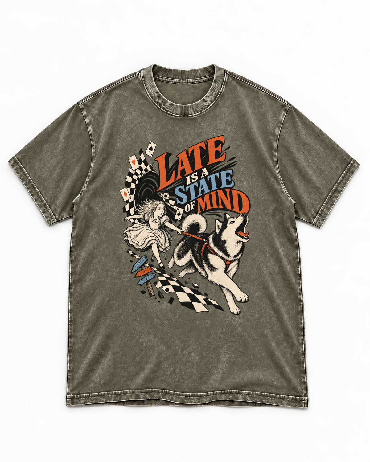 Husky Late Is a State of Mind Wonderland Chase Graphic Washed Tee in Army Green, flat lay product photo
