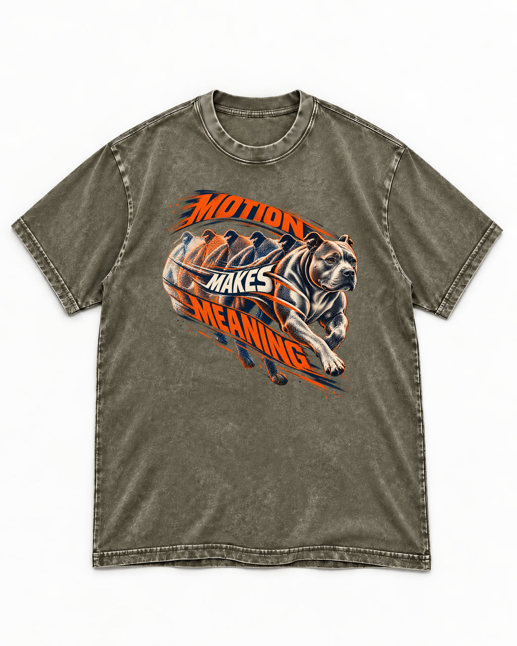 Pitbull Motion Makes Meaning Running Dog Graphic Washed Tee in Army Green, flat lay product photo