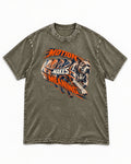 Pitbull Motion Makes Meaning Running Dog Graphic Washed Tee in Army Green, flat lay product photo
