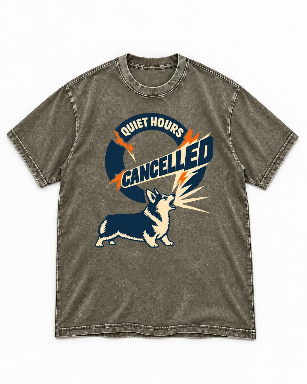 Corgi Quiet Hours Cancelled Calling Badge Graphic Washed Tee in Army Green, flat lay product photo