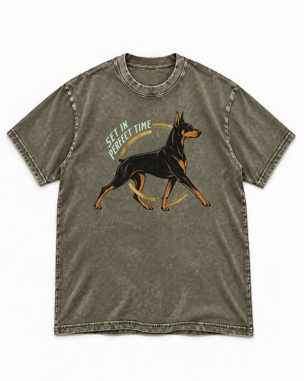 Doberman Set in Perfect Time Clock Stride Graphic Washed Tee in Army Green, flat lay product photo