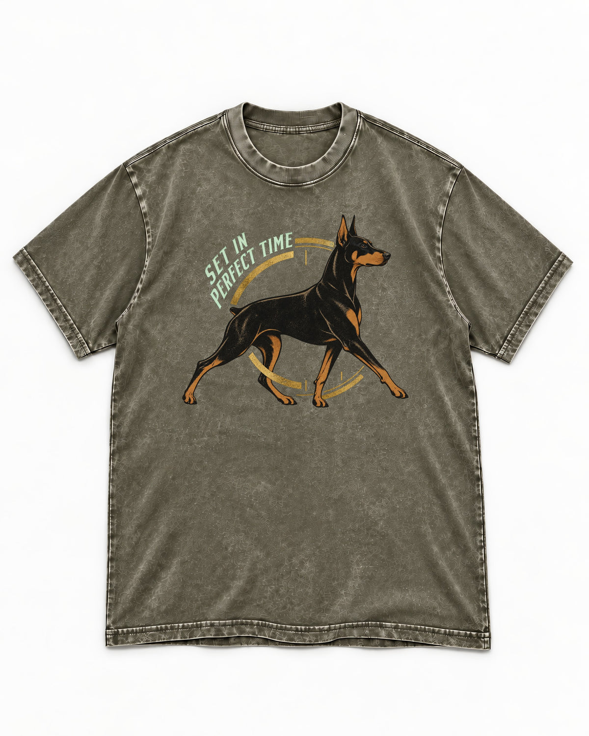 Doberman Set in Perfect Time Clock Stride Graphic Washed Tee in Army Green, flat lay product photo