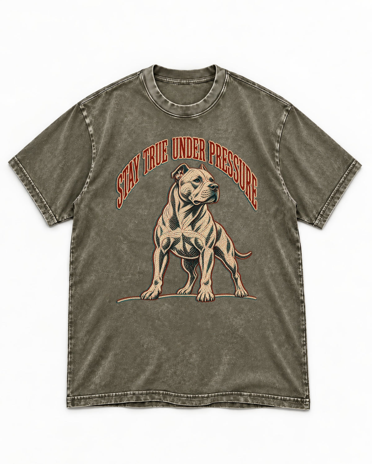 Pitbull Stay True Under Pressure Stance Graphic Washed Tee in Army Green, flat lay product photo