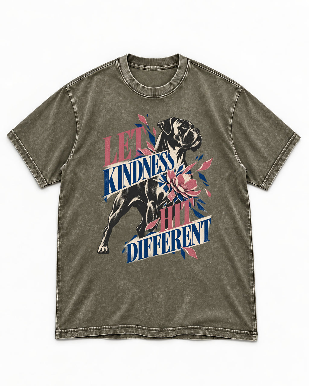 Let Kindness Hit Different Boxer Floral Collage Washed Tee in Army Green, flat lay product photo