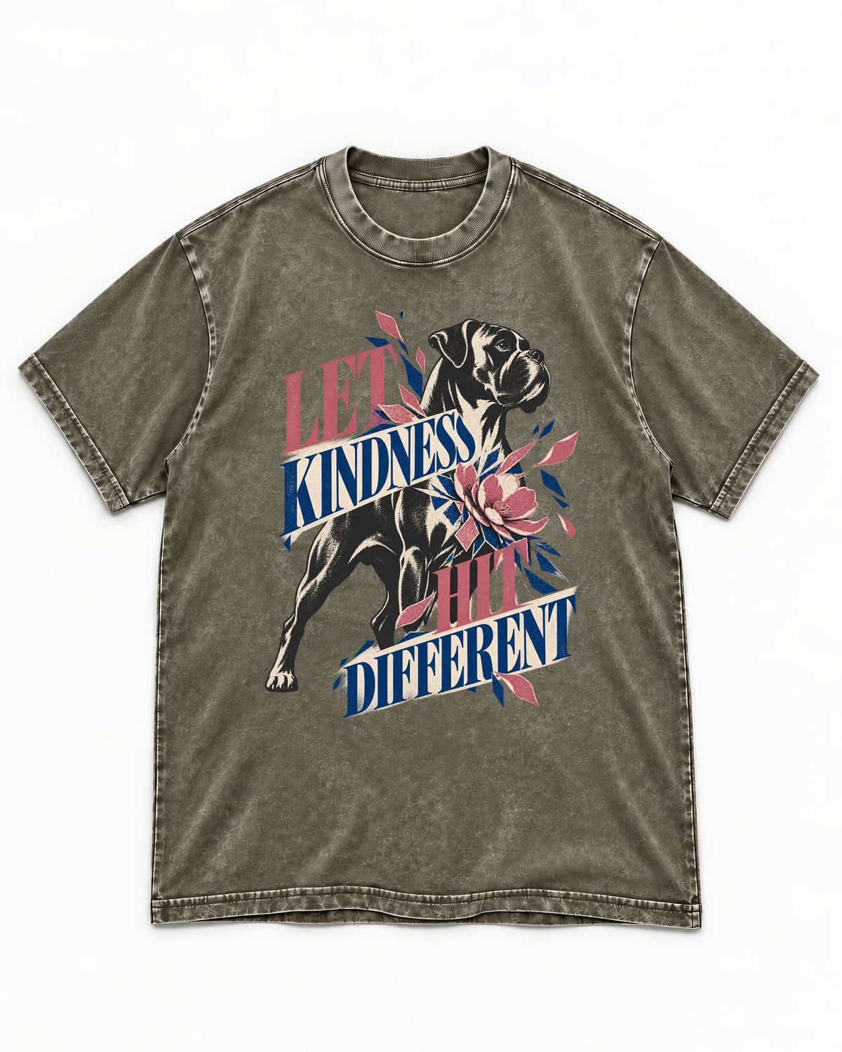 Let Kindness Hit Different Boxer Floral Collage Washed Tee in Army Green, flat lay product photo
