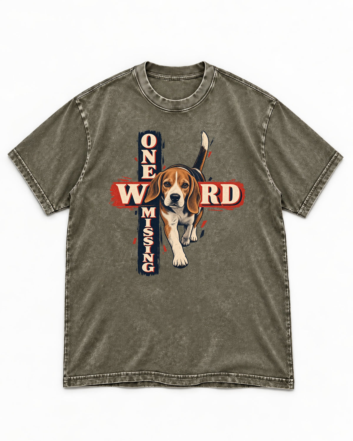 Beagle One Word Missing Washed Tee in Army Green, flat lay product photo