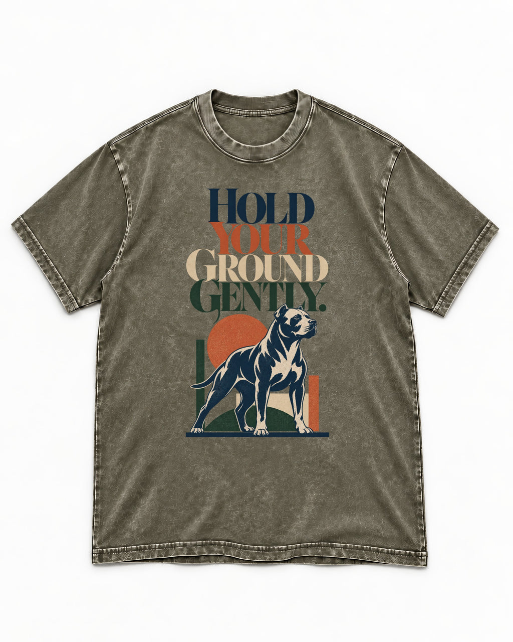 Pitbull Hold Your Ground Gently Standing Dog Graphic Washed Tee in Army Green, flat lay product photo