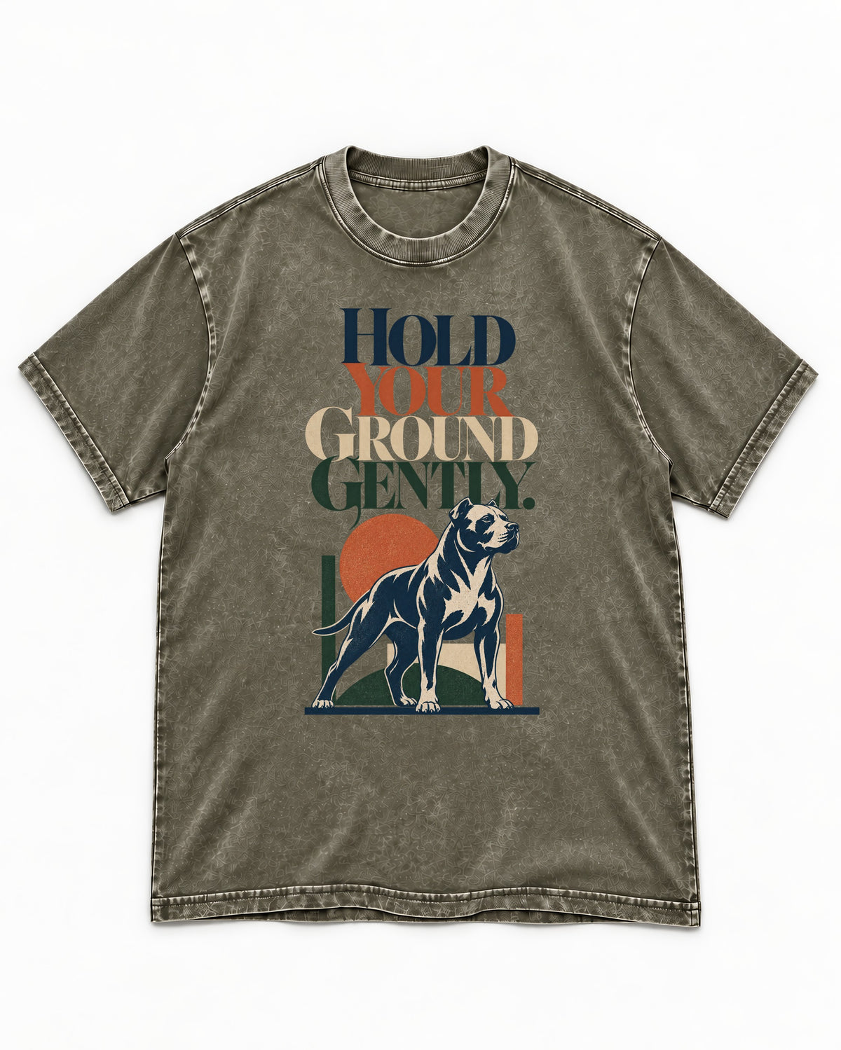 Pitbull Hold Your Ground Gently Standing Dog Graphic Washed Tee in Army Green, flat lay product photo