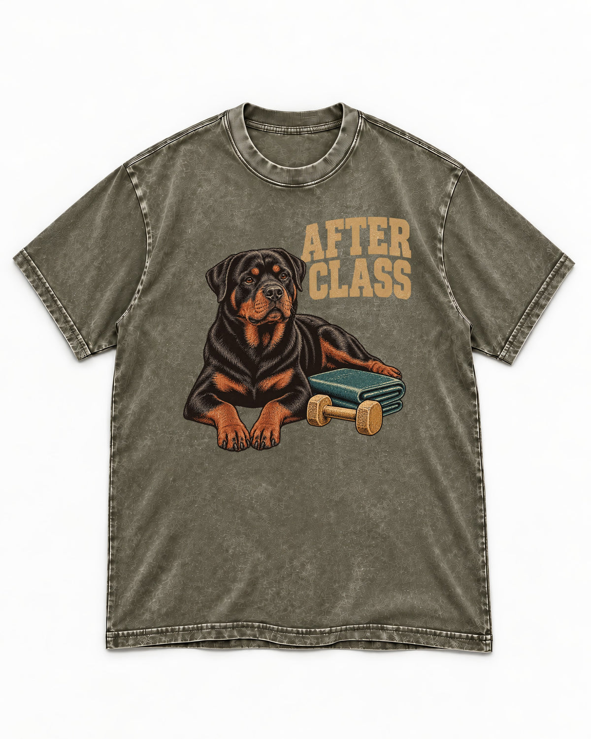 Rottweiler After Class Books and Dumbbell Graphic Washed Tee in Army Green, flat lay product photo