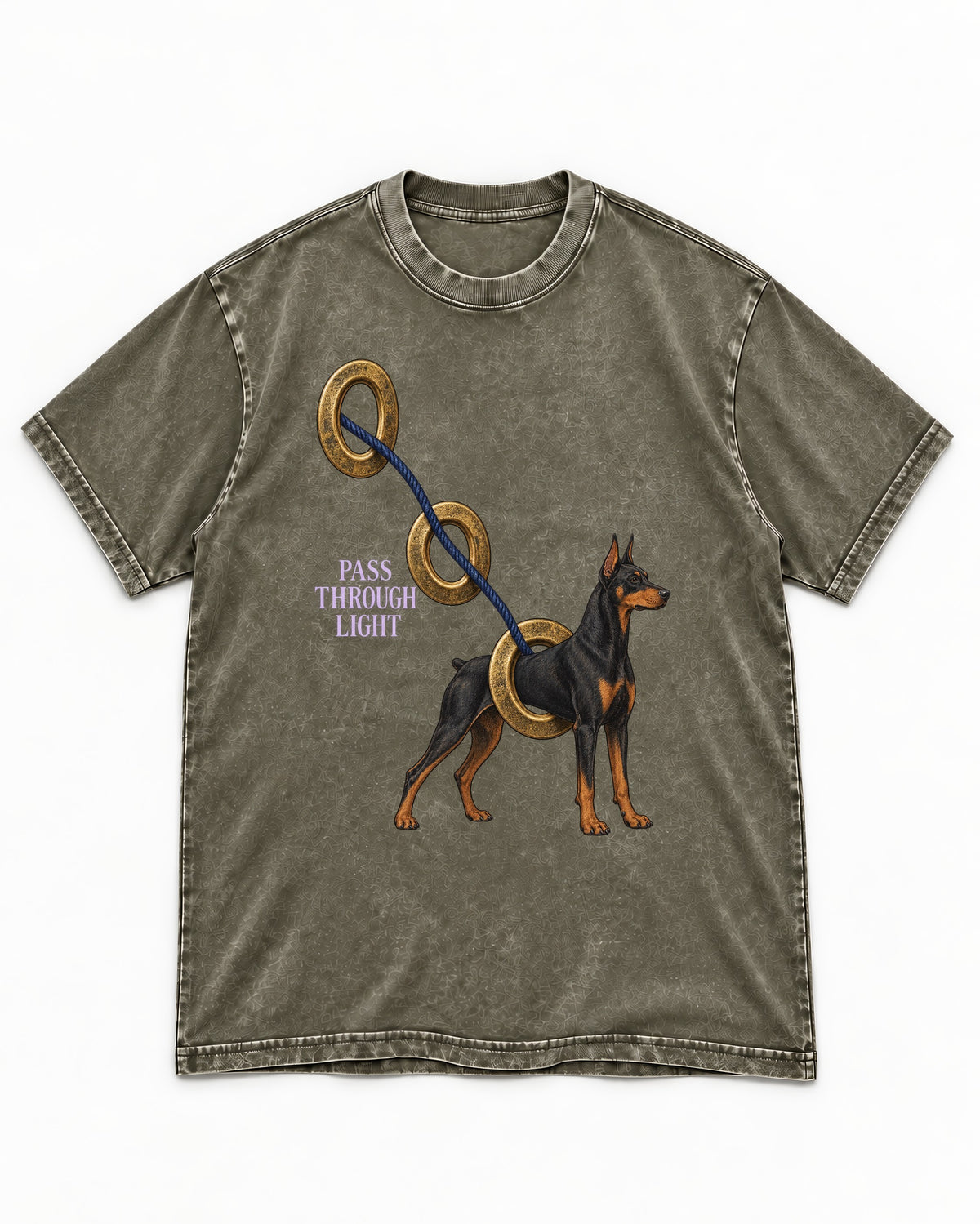 Doberman Pass Through Light Ring Graphic Washed Tee in Army Green, flat lay product photo