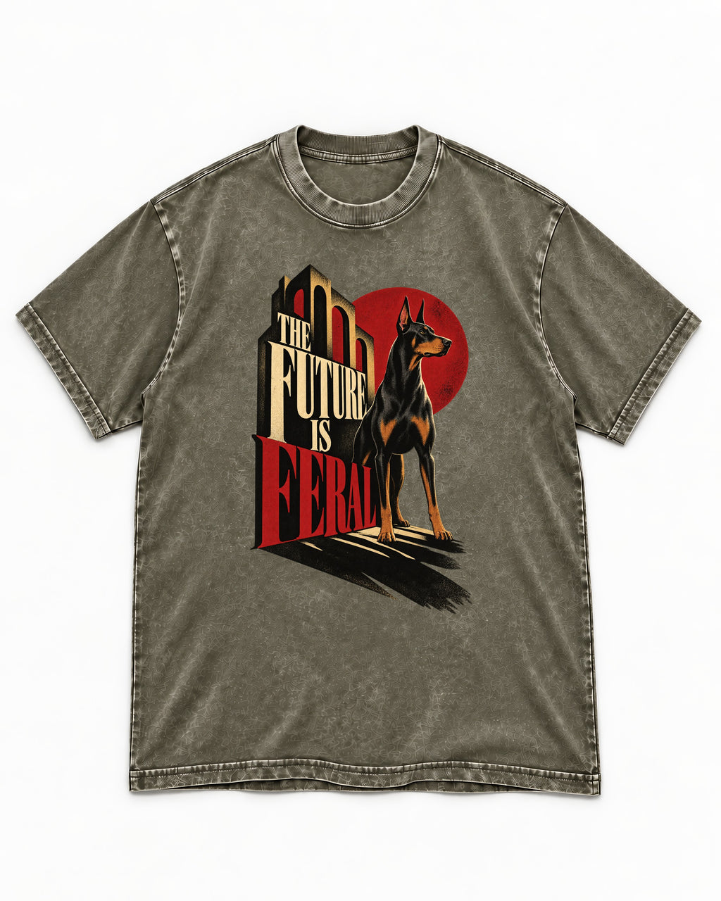 Doberman The Future Is Feral Art Deco Graphic Washed Tee in Army Green, flat lay product photo