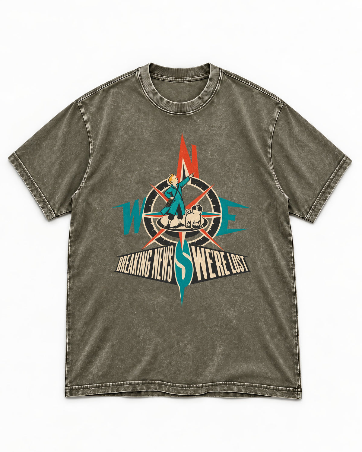Pug Breaking News We're Lost Compass Graphic Washed Tee in Army Green, flat lay product photo