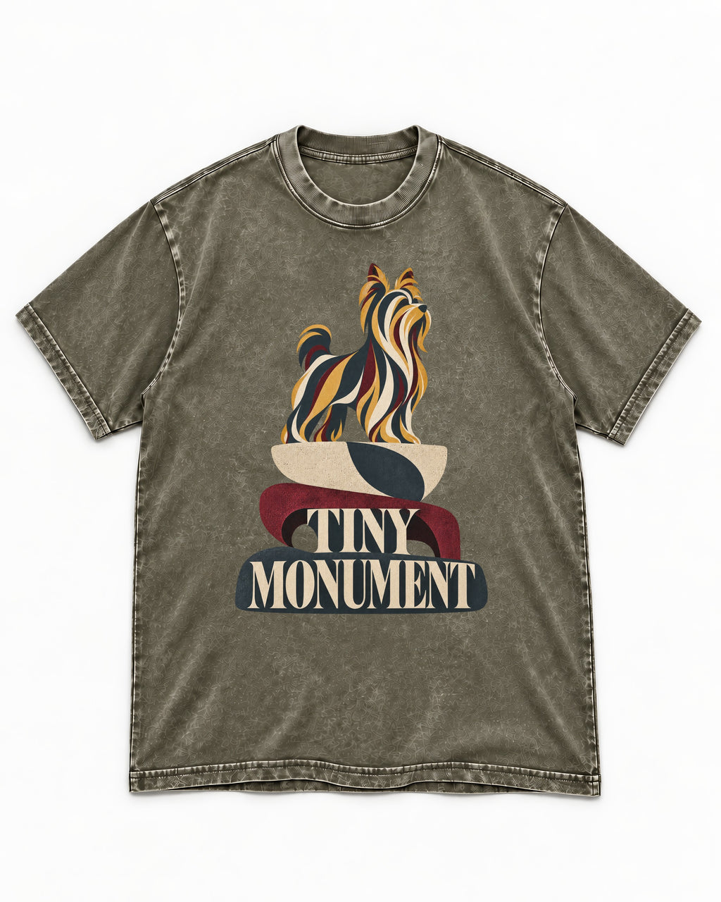 Yorkshire Terrier Tiny Monument Sculptural Plinth Graphic Washed Tee in Army Green, flat lay product photo