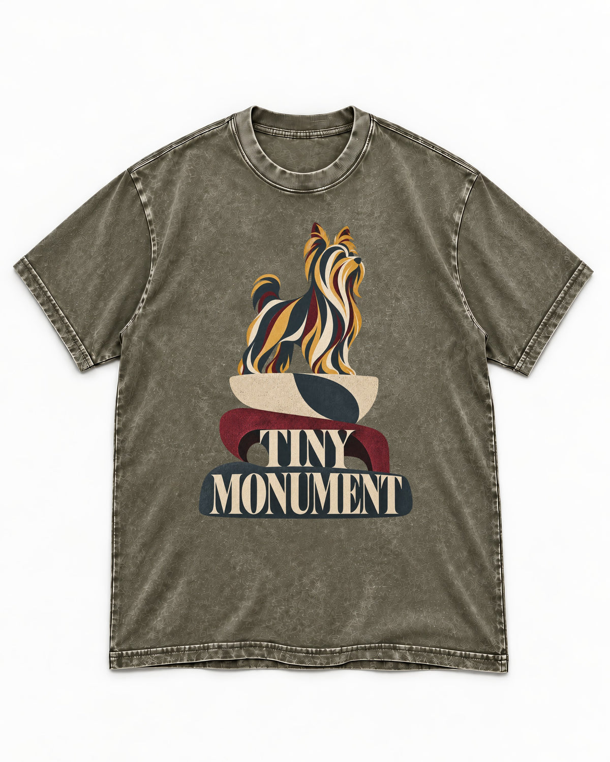 Yorkshire Terrier Tiny Monument Sculptural Plinth Graphic Washed Tee in Army Green, flat lay product photo