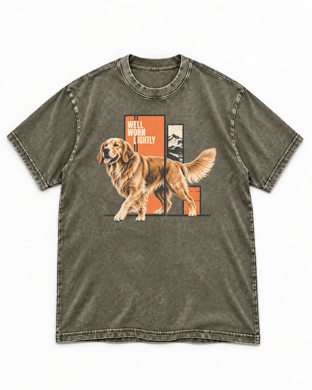 Golden Retriever Well Worn Lightly Mountain Graphic Washed Tee in Army Green, flat lay product photo