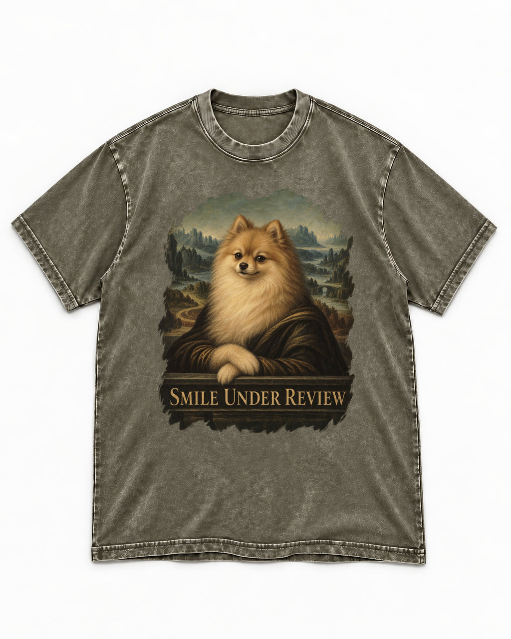 Pomeranian Smile Under Review Renaissance Portrait Graphic Washed Tee in Army Green, flat lay product photo