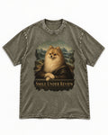 Pomeranian Smile Under Review Renaissance Portrait Graphic Washed Tee in Army Green, flat lay product photo