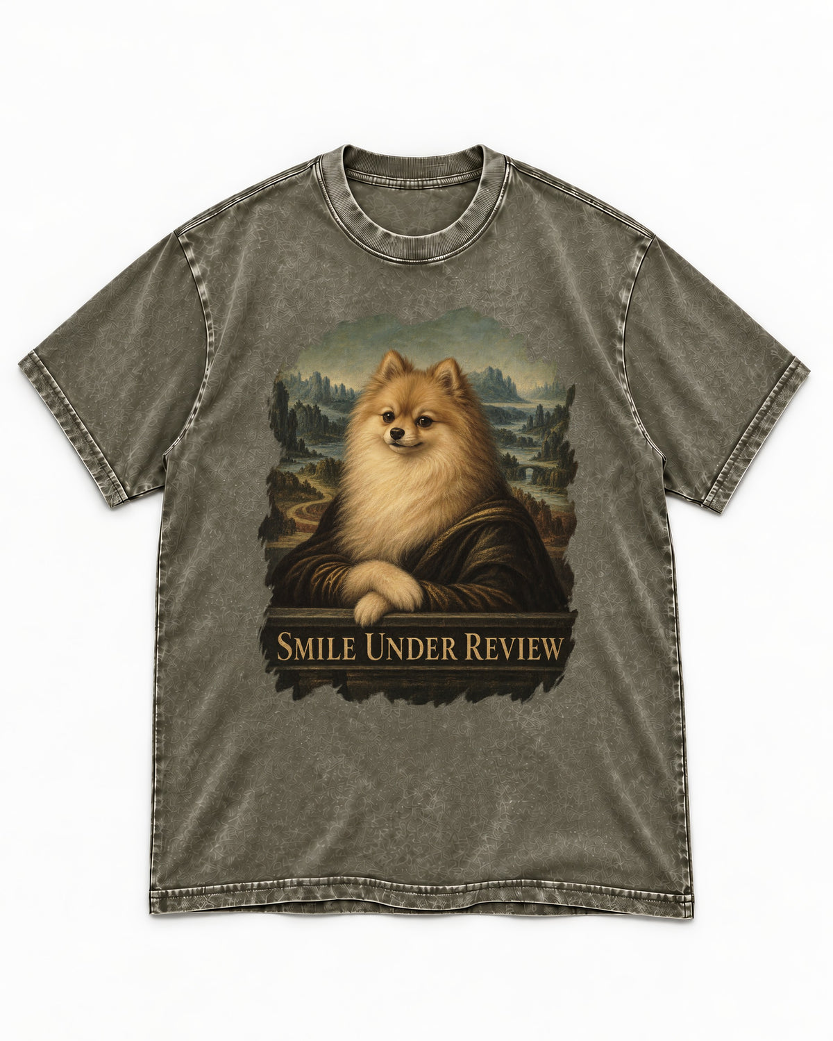 Pomeranian Smile Under Review Renaissance Portrait Graphic Washed Tee in Army Green, flat lay product photo